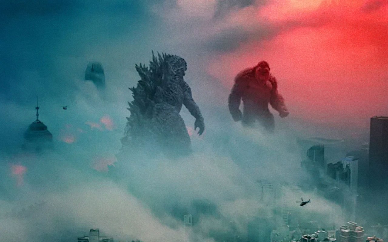 Godzilla and Kong face off over a misty city