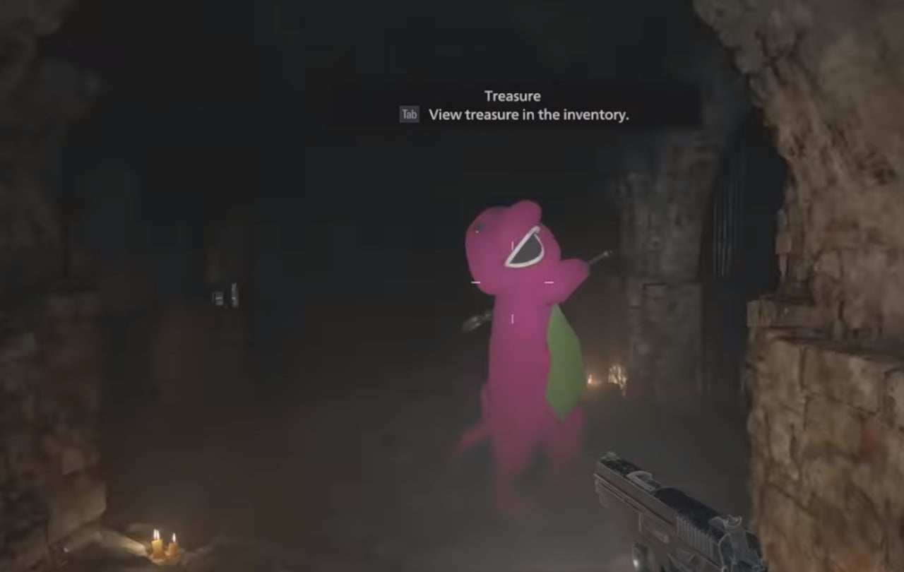 Barney the Dinosaur wields an axe in Resident Evil Village