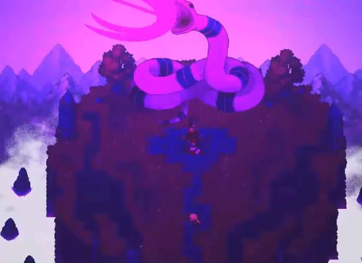 A giant purple snake at a mountain top