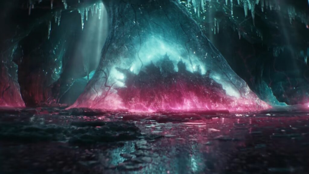 Godzilla just kinda hanging out in glowing ice